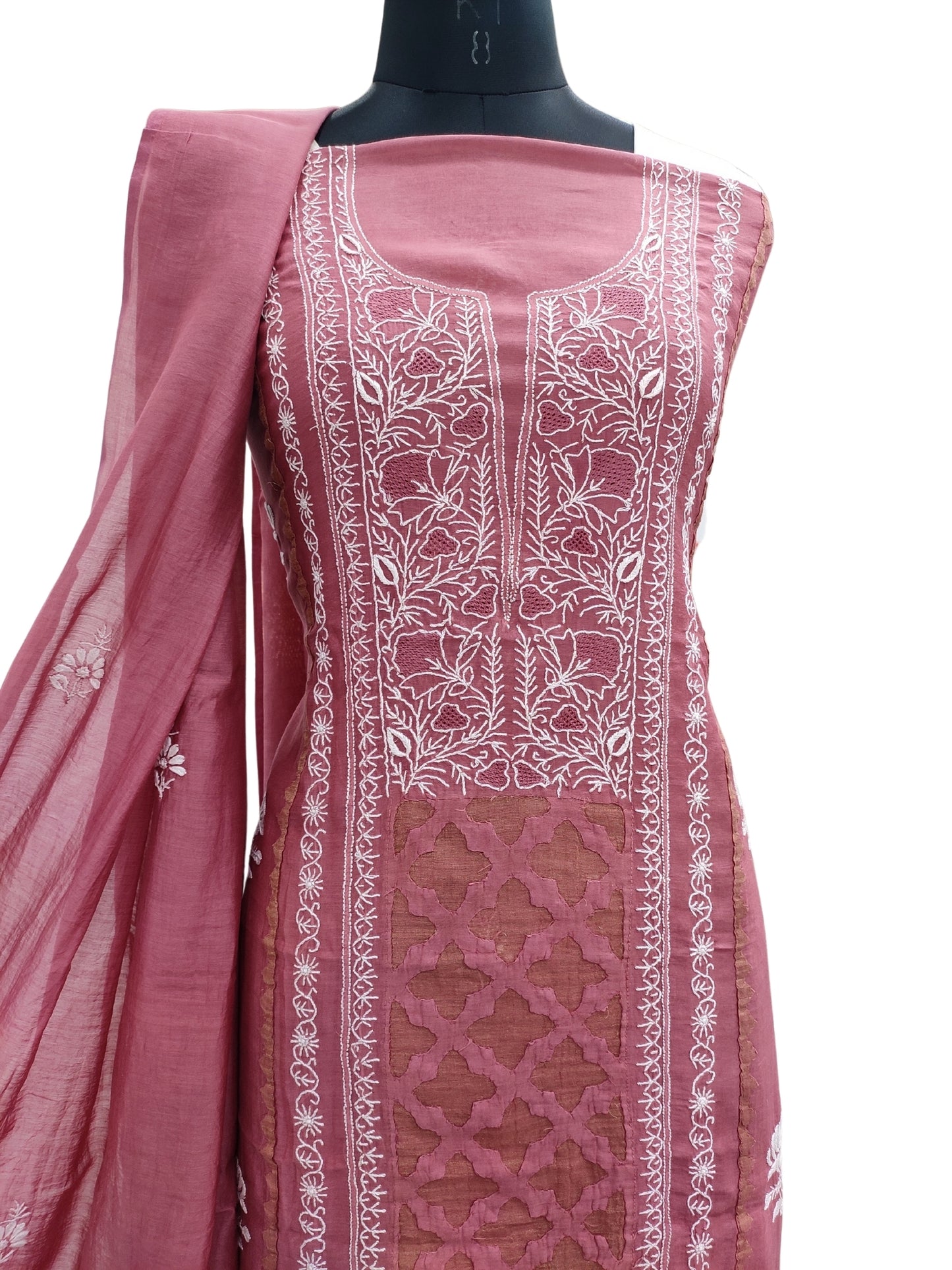 Shyamal Chikan Hand Embroidered Plum Mul Chanderi Lucknowi Chikankari Unstitched Suit Piece With Daraz Work (Kurta Dupatta Set) - S24348