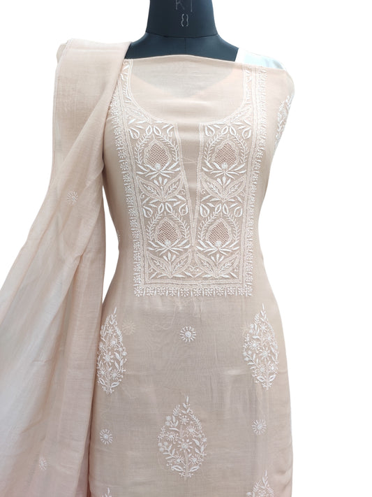 Shyamal Chikan Hand Embroidered Peach Mul Chanderi Lucknowi Chikankari Unstitched Suit Piece With Jaali Work (Kurta Dupatta Set) - S23682