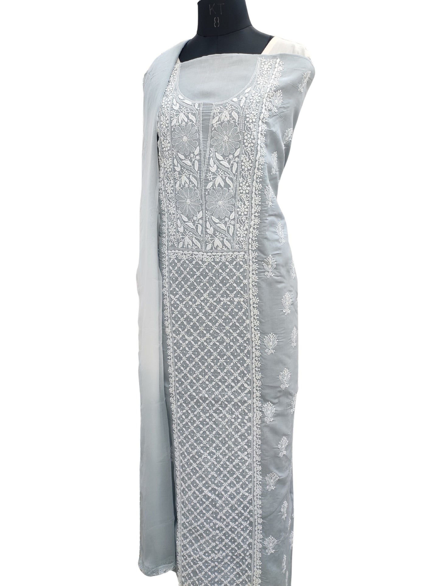 Shyamal Chikan Hand Embroidered Grey Cotton Lucknowi Chikankari Unstitched Suit Piece- S21843