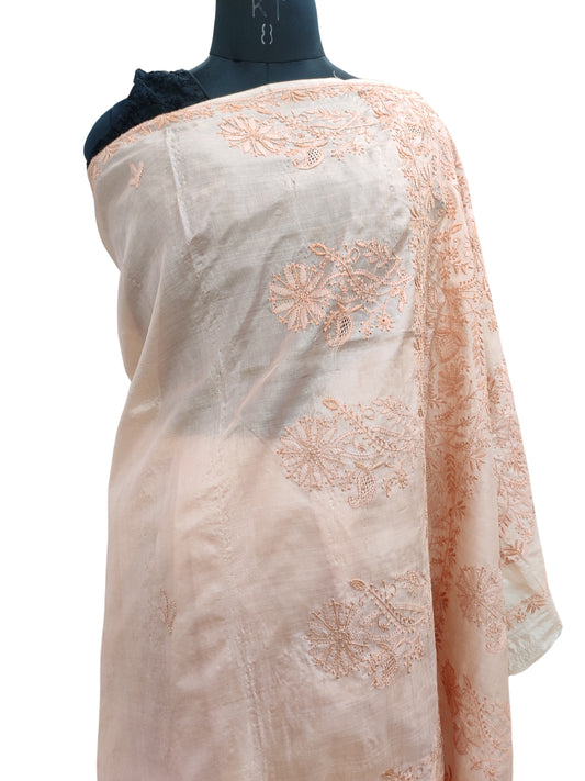 Shyamal Chikan Hand Embroidered Peach Tusser Silk Lucknowi Chikankari Saree With Blouse Piece- S22475