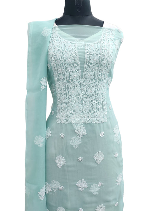 Shyamal Chikan Hand Embroidered Sea Green Georgette Lucknowi Chikankari Unstitched Suit Piece - 24024