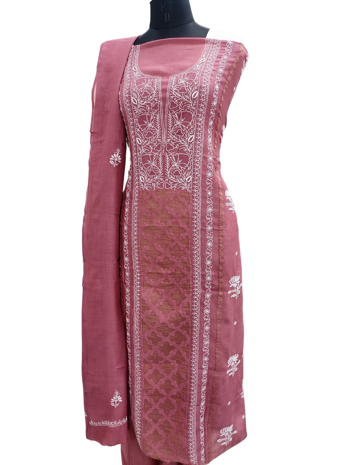 Shyamal Chikan Hand Embroidered Plum Mul Chanderi Lucknowi Chikankari Unstitched Suit Piece With Daraz Work (Kurta Dupatta Set) - S24348