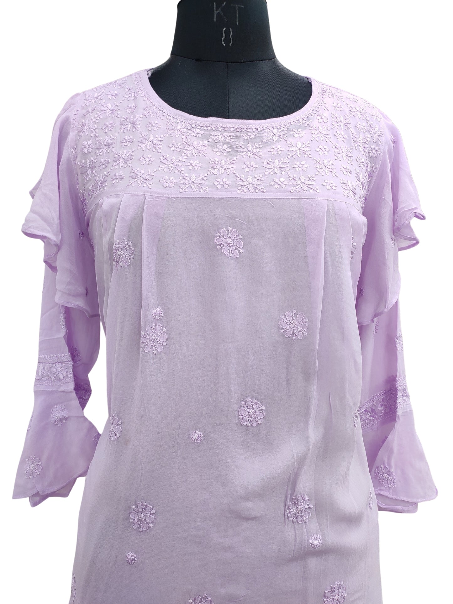 Shyamal Chikan Hand Embroidered Lavender Viscose Georgette Lucknowi Chikankari Short Top S23269