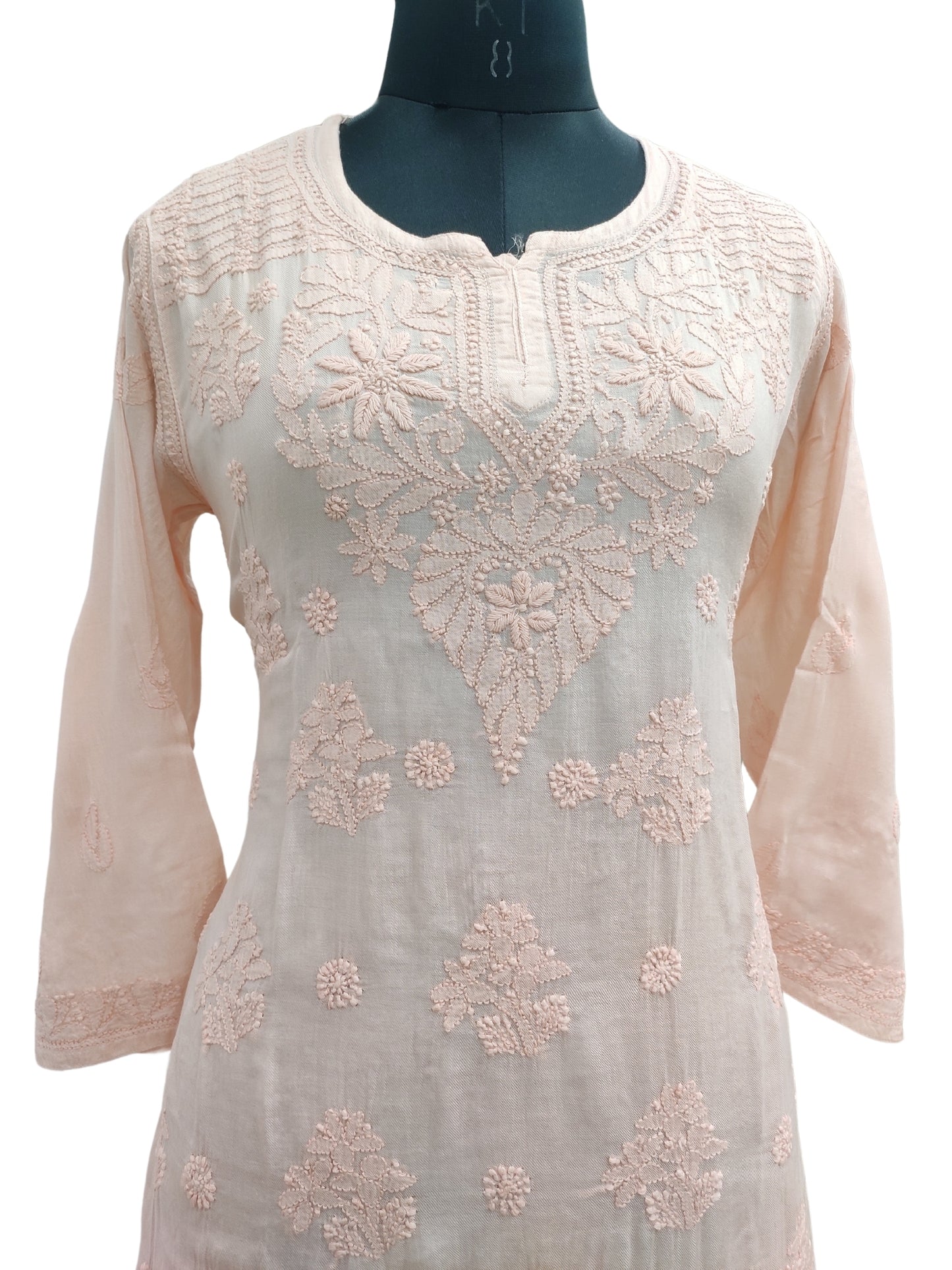 Shyamal Chikan Hand Embroidered Peach Pure Cotton Lucknowi Chikankari Short Top- S22660