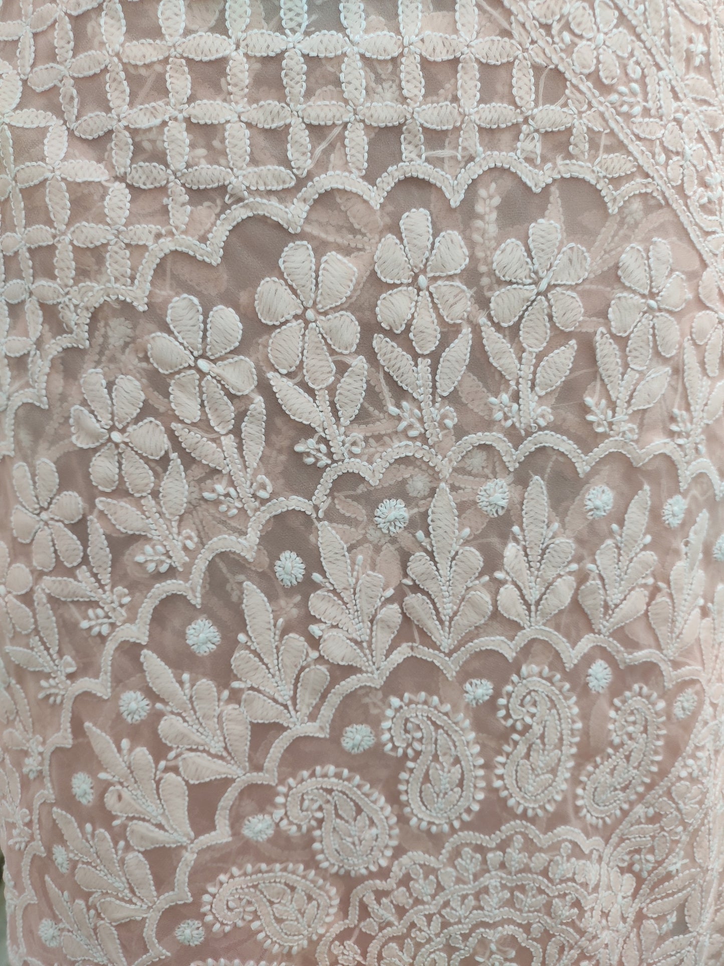 Shyamal Chikan Hand Embroidered Peach Georgette Lucknowi Chikankari Full Jaal Saree With Blouse Piece - 23994