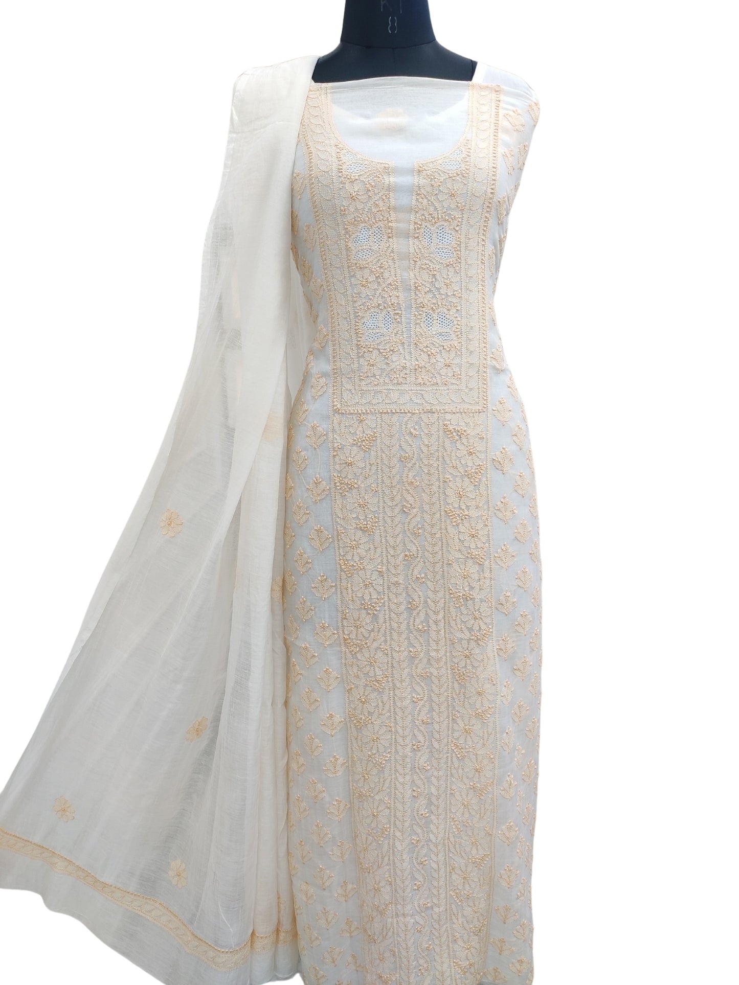 Shyamal Chikan Hand Embroidered White Mul Chanderi Lucknowi Chikankari Unstitched Suit Piece (Kurta Dupatta Set) - 23763