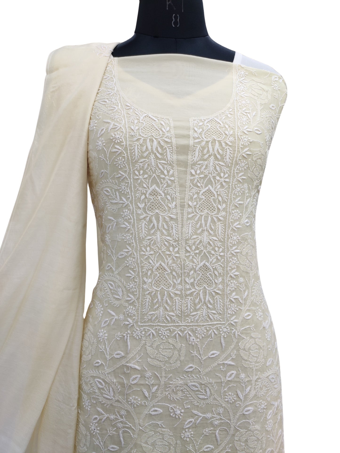 Shyamal Chikan Hand Embroidered Lemon Cotton Silk  Lucknowi Chikankari Unstitched Suit Piece ( Kurta Dupatta Set ) - S21959
