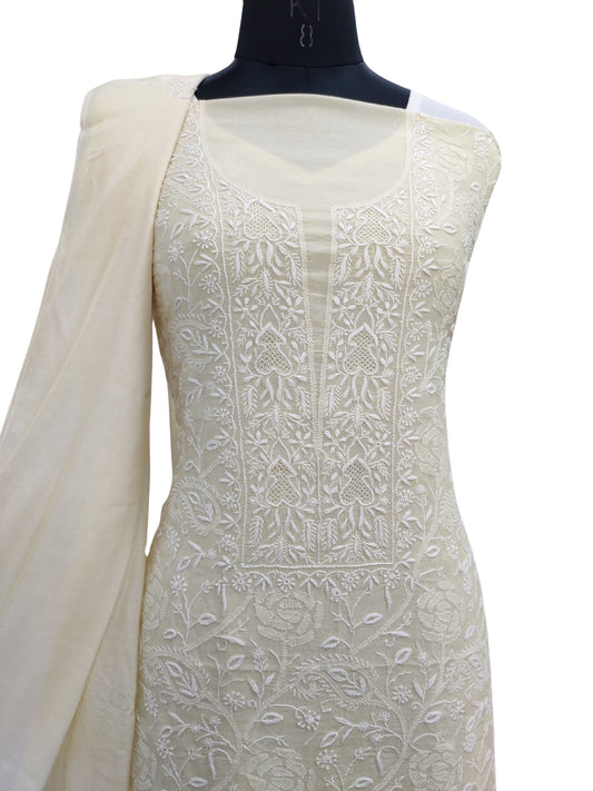 Shyamal Chikan Hand Embroidered Lemon Cotton Silk  Lucknowi Chikankari Unstitched Suit Piece ( Kurta Dupatta Set ) - S21959