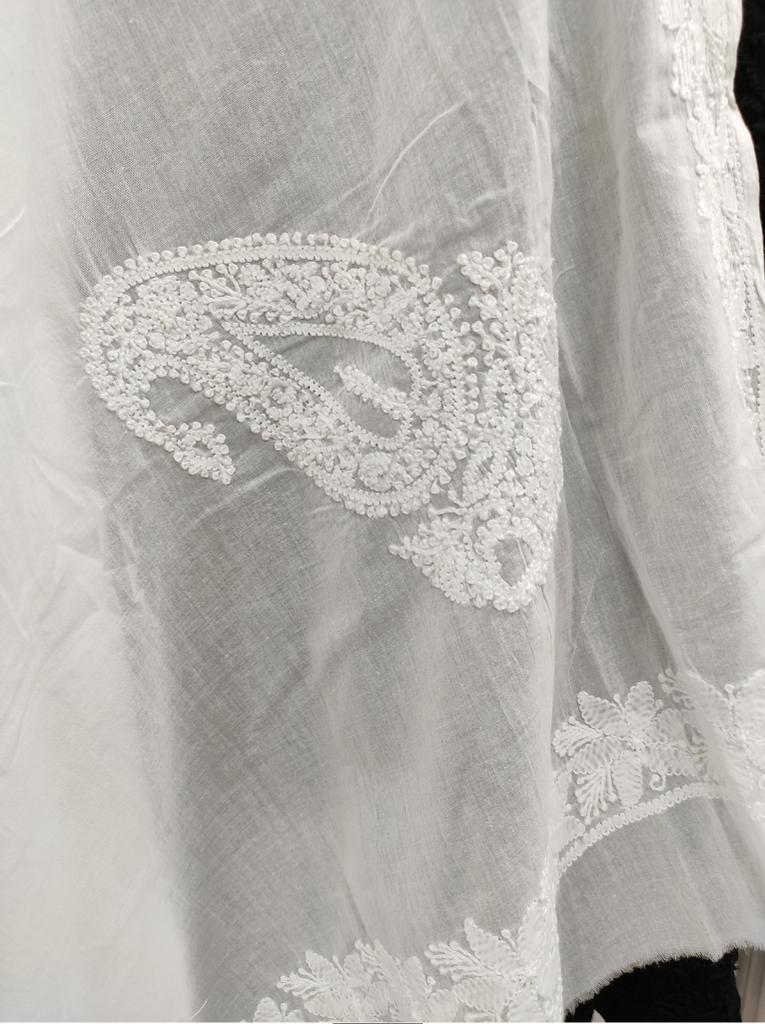 Shyamal Chikan Hand Embroidered White Malmal Cotton Lucknowi Chikankari Dupatta - S14382