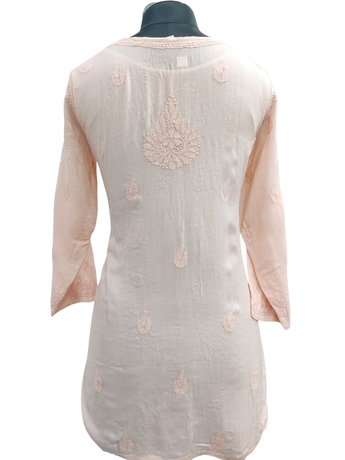 Shyamal Chikan Hand Embroidered Peach Pure Cotton Lucknowi Chikankari Short Top- S22660