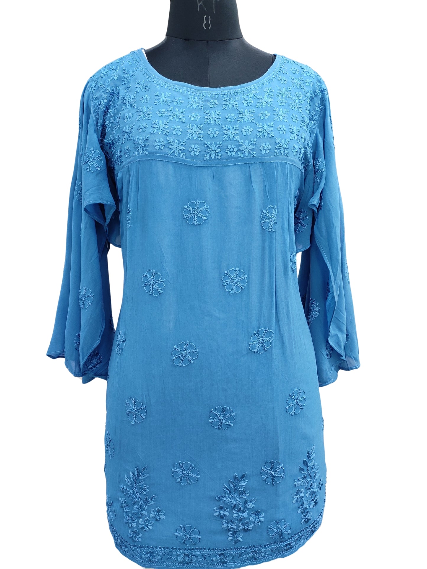 Shyamal Chikan Hand Embroidered Blue Viscose Georgette Lucknowi Chikankari Short Top S23266