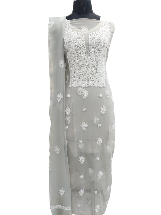 Shyamal Chikan Hand Embroidered Grey Georgette Lucknowi Chikankari Unstitched Suit Piece - 24013