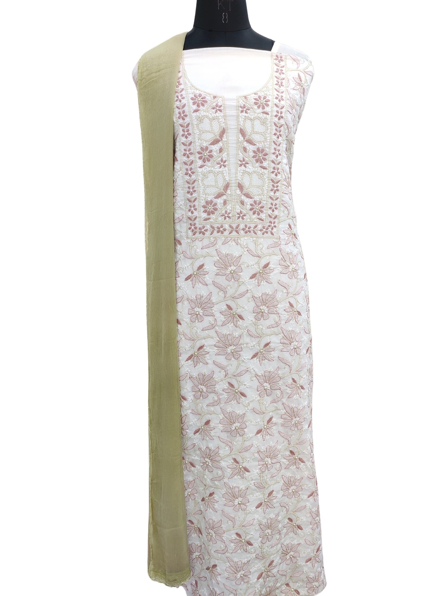 Shyamal Chikan Hand Embroidered White Pure Cotton Lucknowi Chikankari Unstitched Suit Piece - S24449