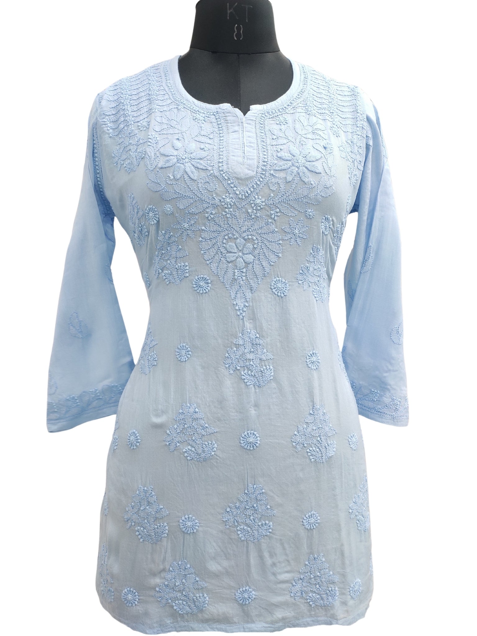 Shyamal Chikan Hand Embroidered Blue Pure Cotton Lucknowi Chikankari Short Top- S22661