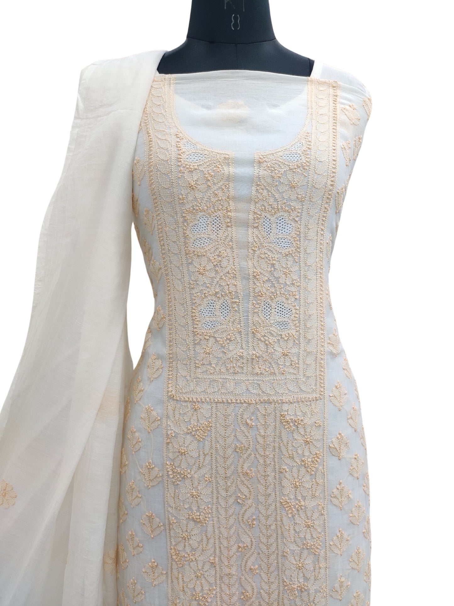 Shyamal Chikan Hand Embroidered White Mul Chanderi Lucknowi Chikankari Unstitched Suit Piece (Kurta Dupatta Set) - 23763