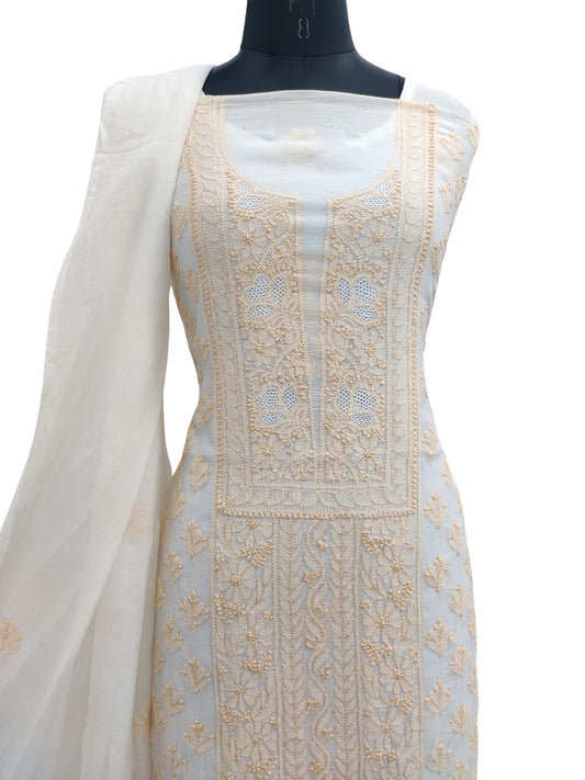 Shyamal Chikan Hand Embroidered White Mul Chanderi Lucknowi Chikankari Unstitched Suit Piece (Kurta Dupatta Set) - S23763