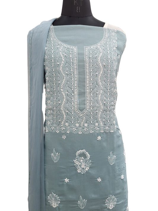 Shyamal Chikan Hand Embroidered Grey Cotton Lucknowi Chikankari Unstitched Suit Piece With Jaali Work - S25071