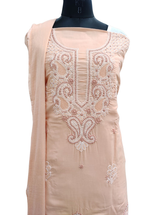 Shyamal Chikan Hand Embroidered Peach Cotton Lucknowi Chikankari Unstitched Suit Piece With Jaali Work - S25412