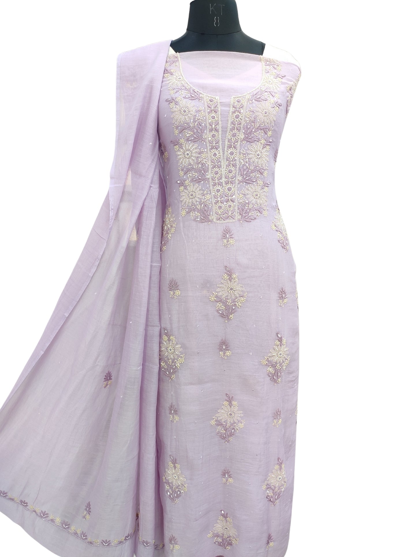 Shyamal Chikan Hand Embroidered Purple Mul Chanderi Lucknowi Chikankari Unstitched Suit Piece with Cutdana & Sequin Work (Kurta Dupatta Set) - S23885