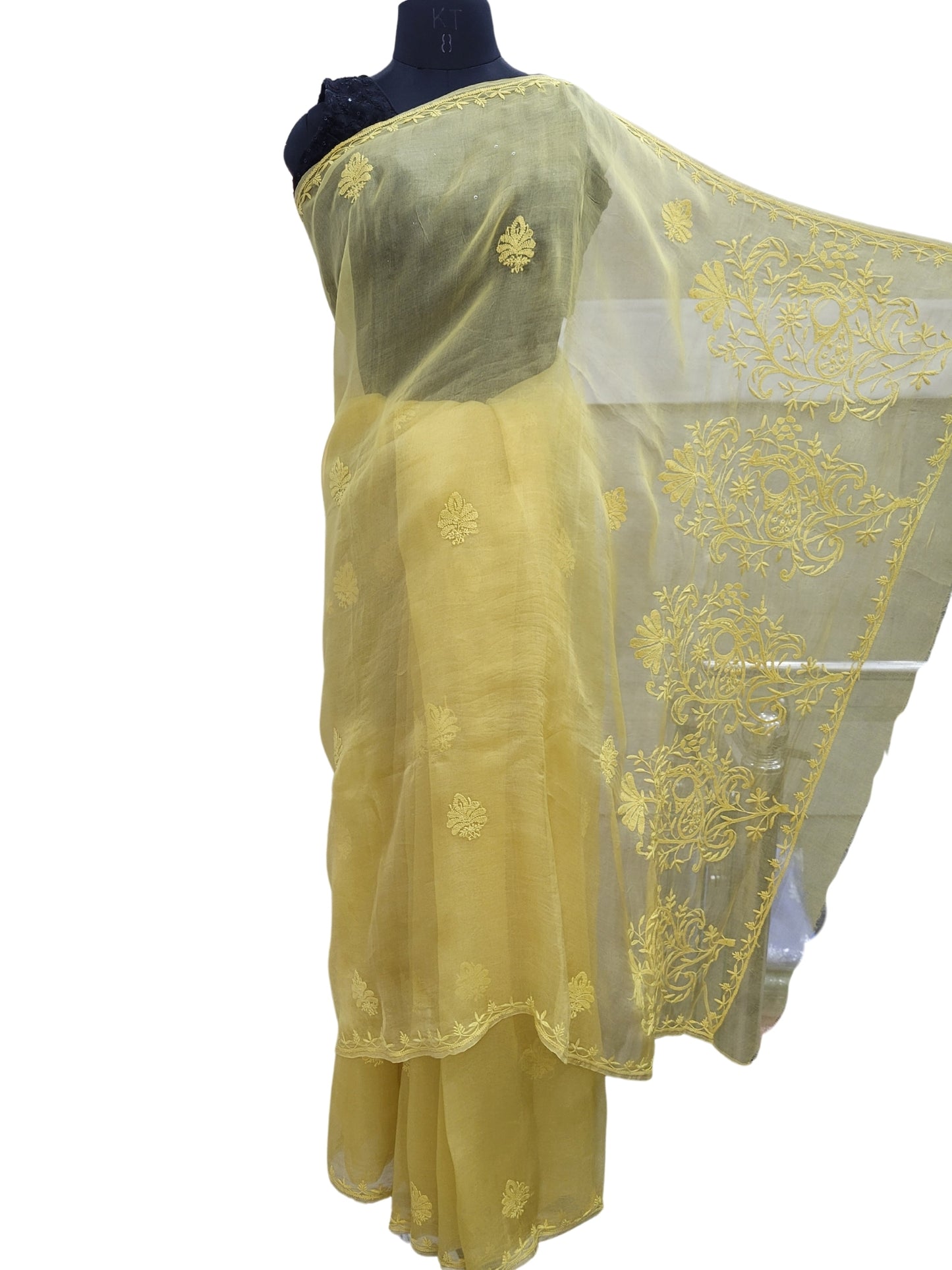 Shyamal Chikan Hand Embroidered Greenish Yellow Pure Organza Lucknowi Chikankari Saree With Blouse Piece - S24067