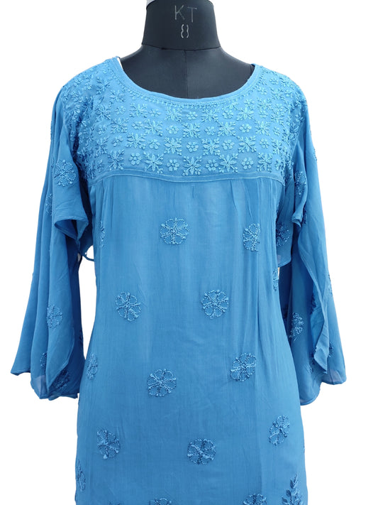 Shyamal Chikan Hand Embroidered Blue Viscose Georgette Lucknowi Chikankari Short Top S23266