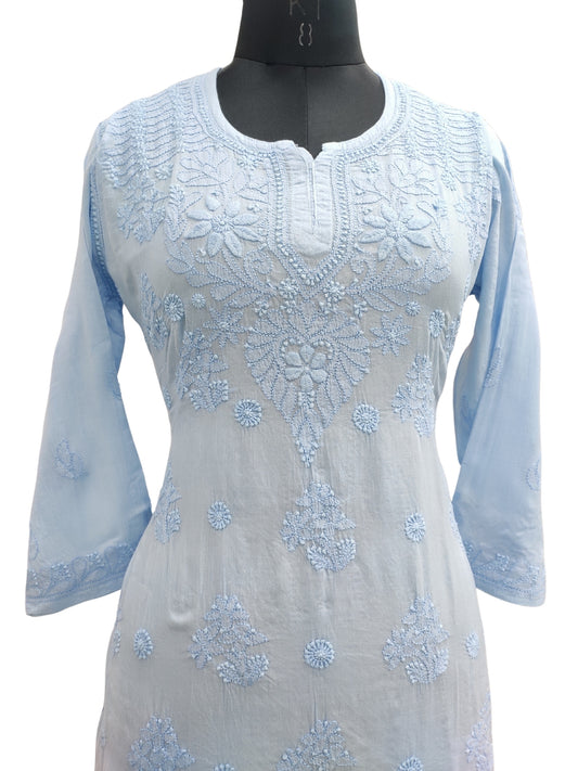 Shyamal Chikan Hand Embroidered Blue Pure Cotton Lucknowi Chikankari Short Top- S22661