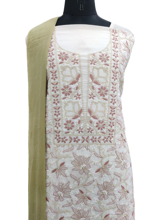 Shyamal Chikan Hand Embroidered White Pure Cotton Lucknowi Chikankari Unstitched Suit Piece - S24449