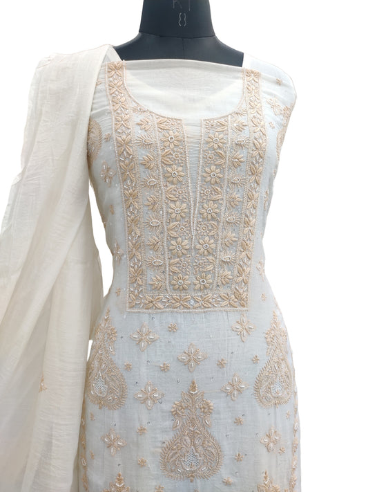 Shyamal Chikan Hand Embroidered White Mul Chanderi Lucknowi Chikankari Unstitched Suit Piece with Cutdana & Sequin Work (Kurta Dupatta Set) - S23968