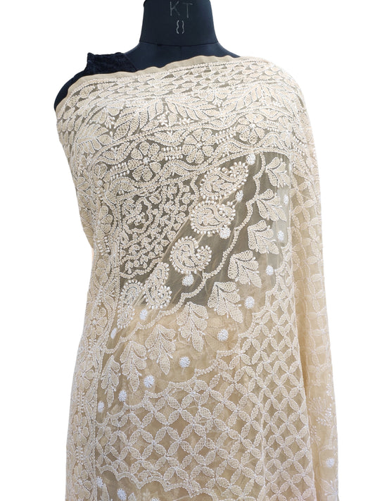 Shyamal Chikan Hand Embroidered Beige Georgette Lucknowi Chikankari Full Jaal Saree With Blouse Piece - S23991