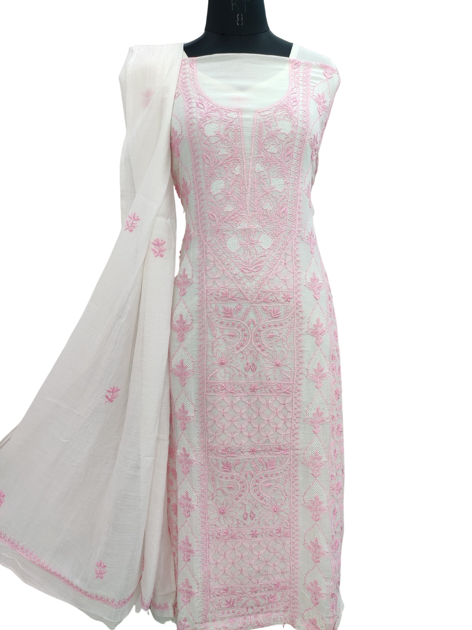 Shyamal Chikan Hand Embroidered White Mul Chanderi Lucknowi Chikankari Unstitched Suit Piece (Kurta Dupatta Set) - S24330