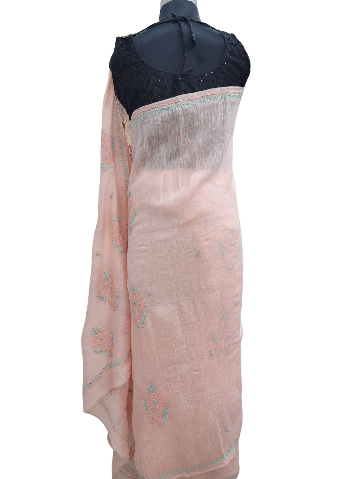 Shyamal Chikan Hand Embroidered Peach Pure Lenin Lucknowi Chikankari Saree With Blouse Piece- S24056