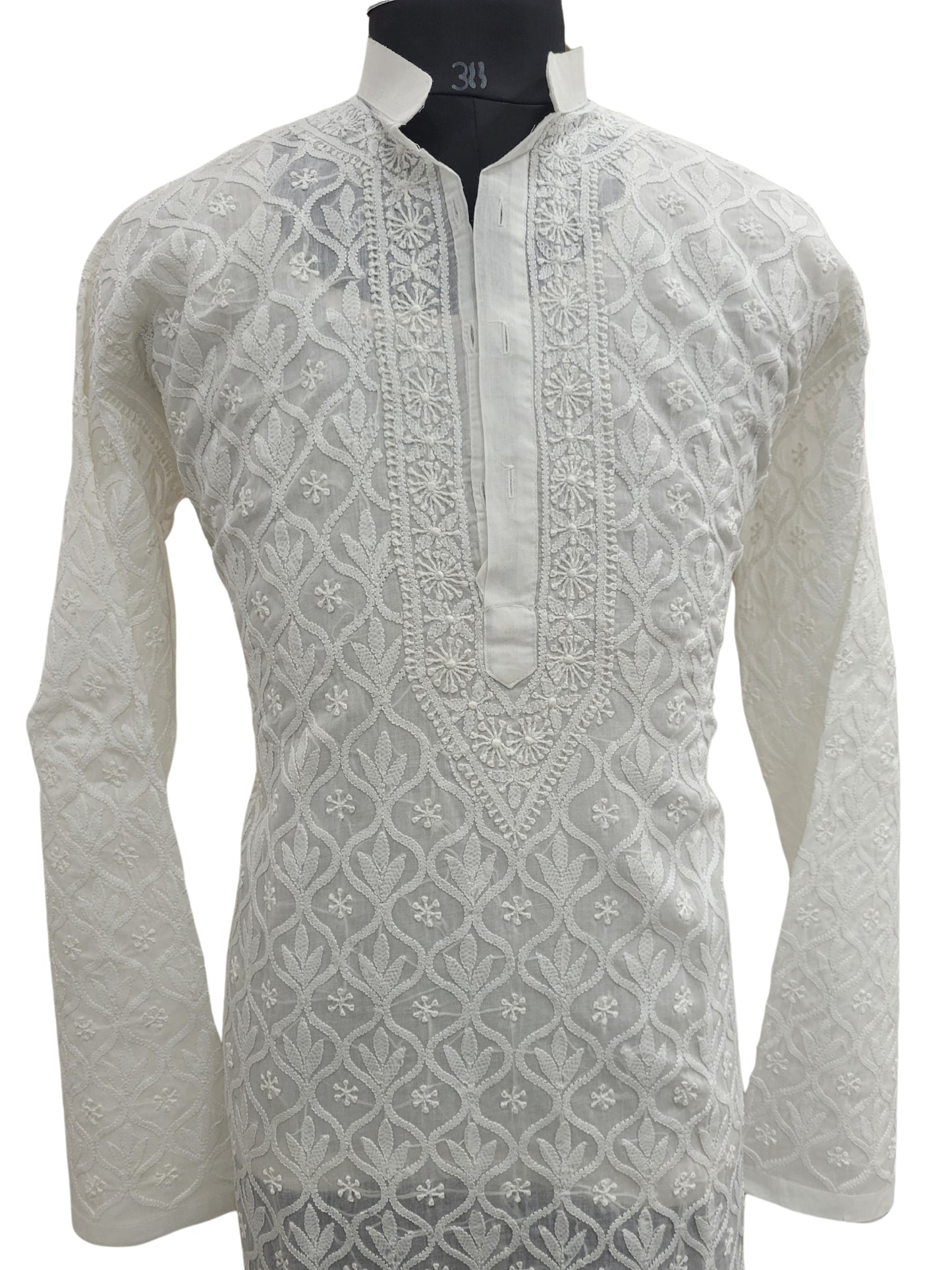 Shyamal Chikan Hand Embroidered White Cotton Lucknowi All-Over Chikankari Men's Kurta with Daraz Work – S25162