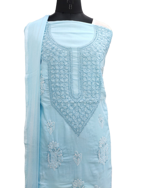 Shyamal Chikan Hand Embroidered Blue Cotton Lucknowi Chikankari Unstitched Suit Piece 24156