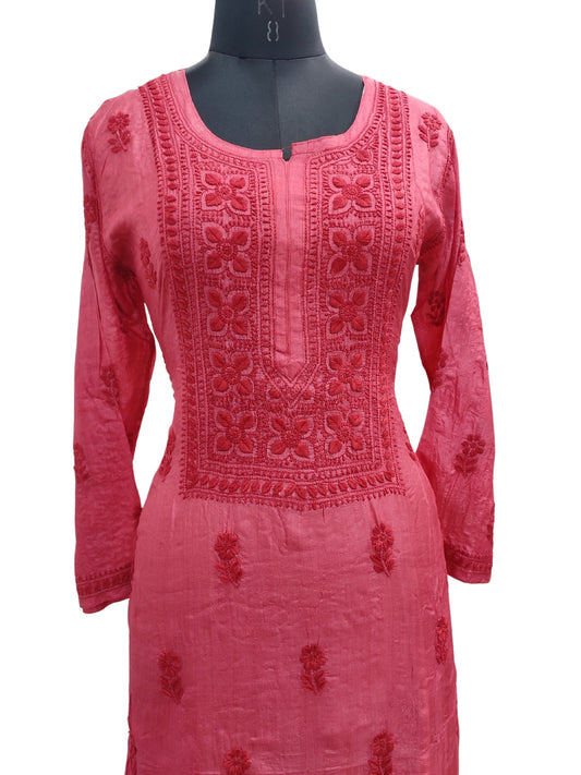 Shyamal Chikan Hand Embroidered Red Pure Tusser Silk Lucknowi Chikankari Kurti- S24403