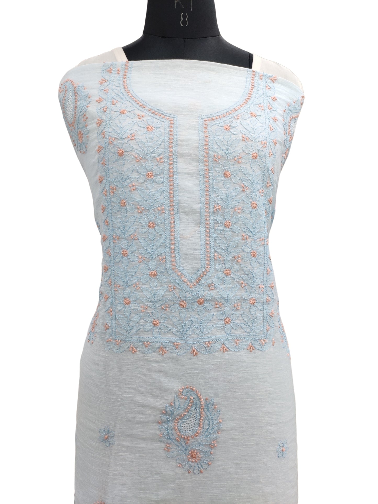 Shyamal Chikan Hand Embroidered Blue Lenin Lucknowi Chikankari Unstitched Kurta Piece - S23230