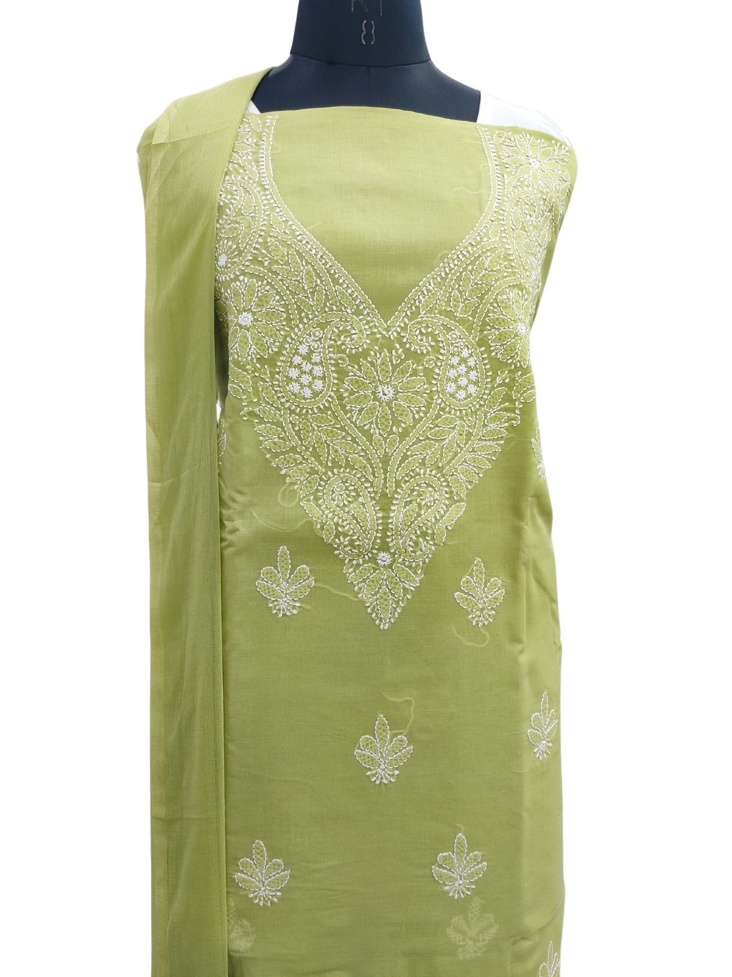 Shyamal Chikan Hand Embroidered Green Cotton Lucknowi Chikankari Unstitched Suit Piece - S24752