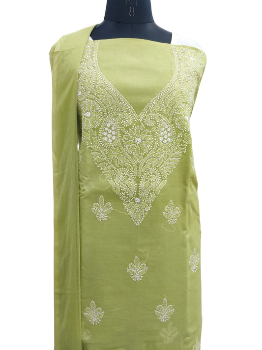 Shyamal Chikan Hand Embroidered Green Cotton Lucknowi Chikankari Unstitched Suit Piece - S24752