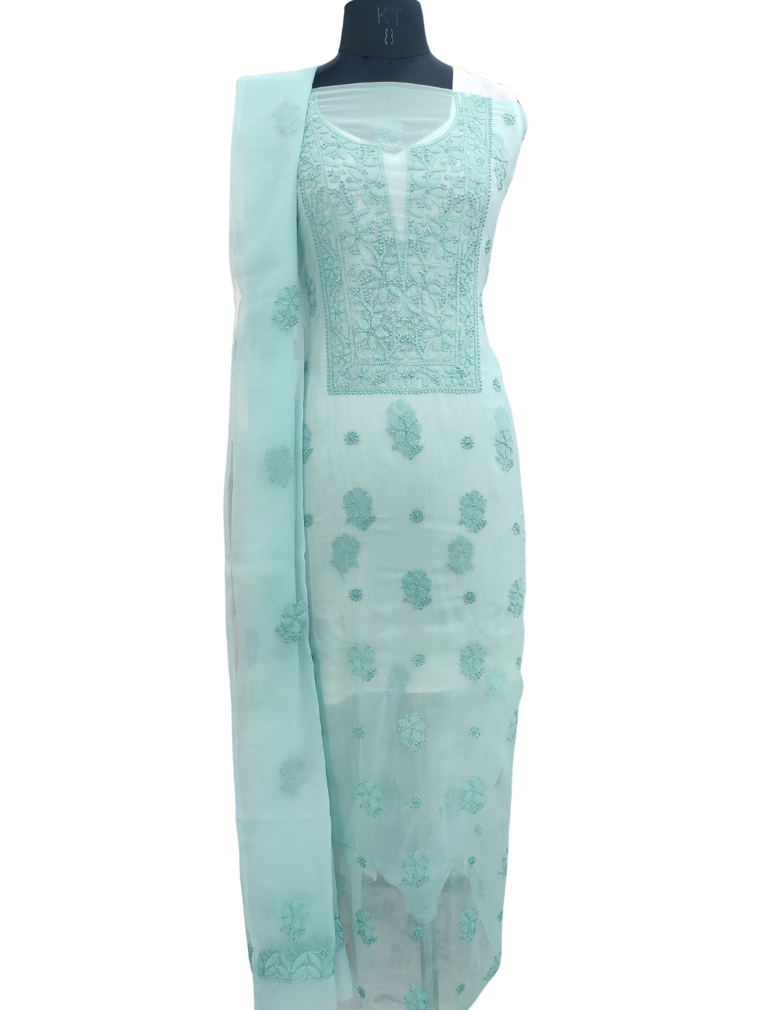 Shyamal Chikan Hand Embroidered Sea Green Georgette Lucknowi Chikankari Unstitched Suit Piece - 24022