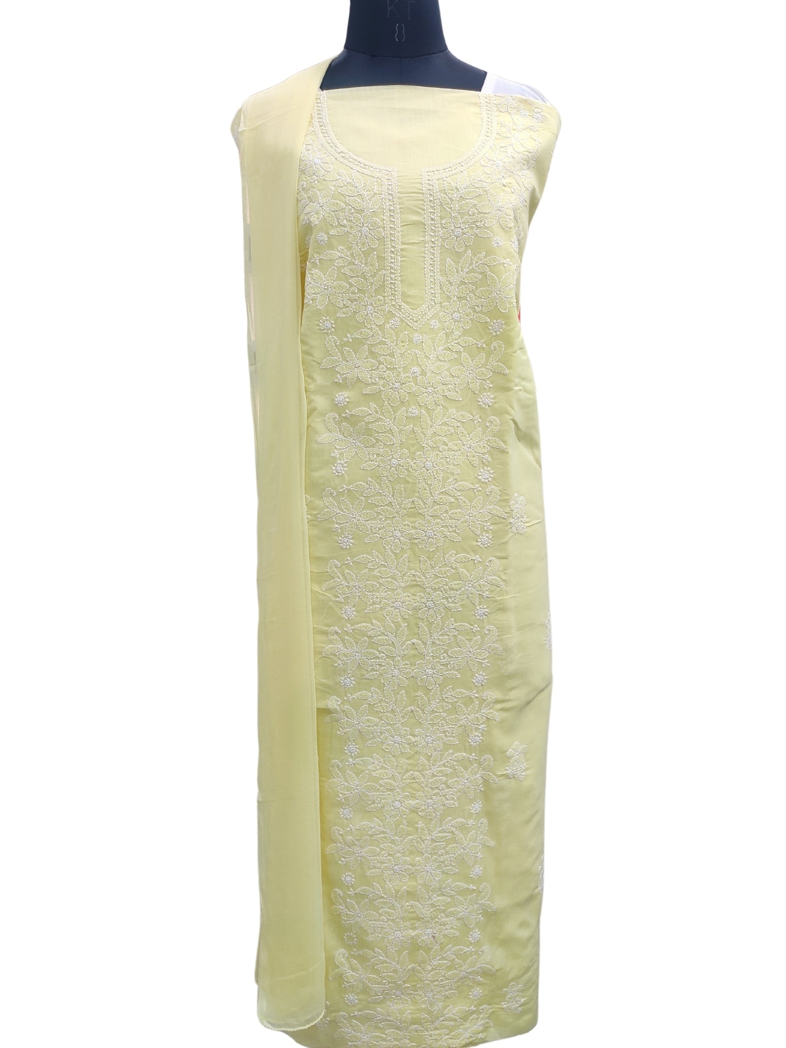 Shyamal Chikan Hand Embroidered Lemon Cotton Lucknowi Chikankari Unstitched Suit Piece - S24773