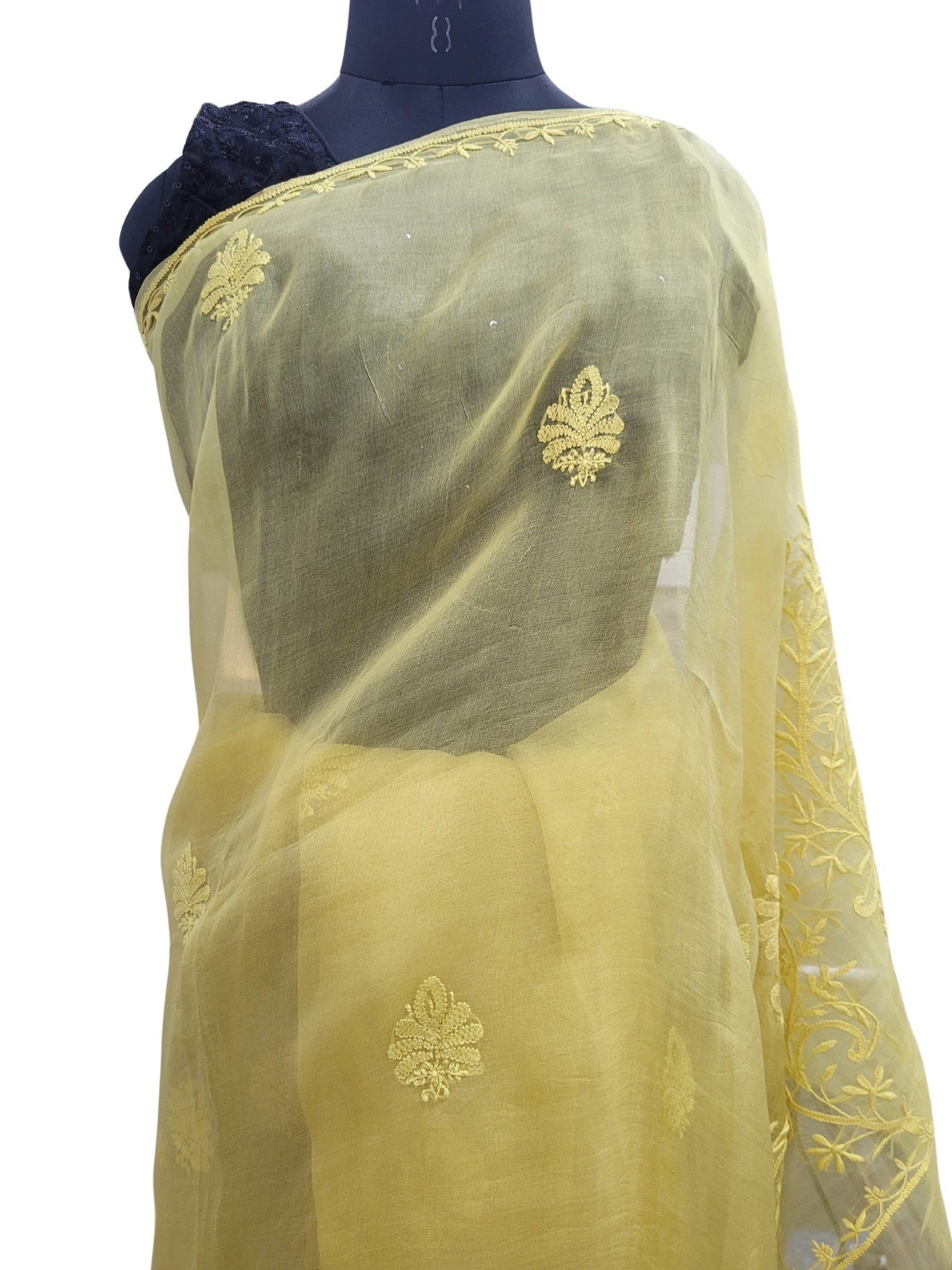 Shyamal Chikan Hand Embroidered Greenish Yellow Pure Organza Lucknowi Chikankari Saree With Blouse Piece - S24067