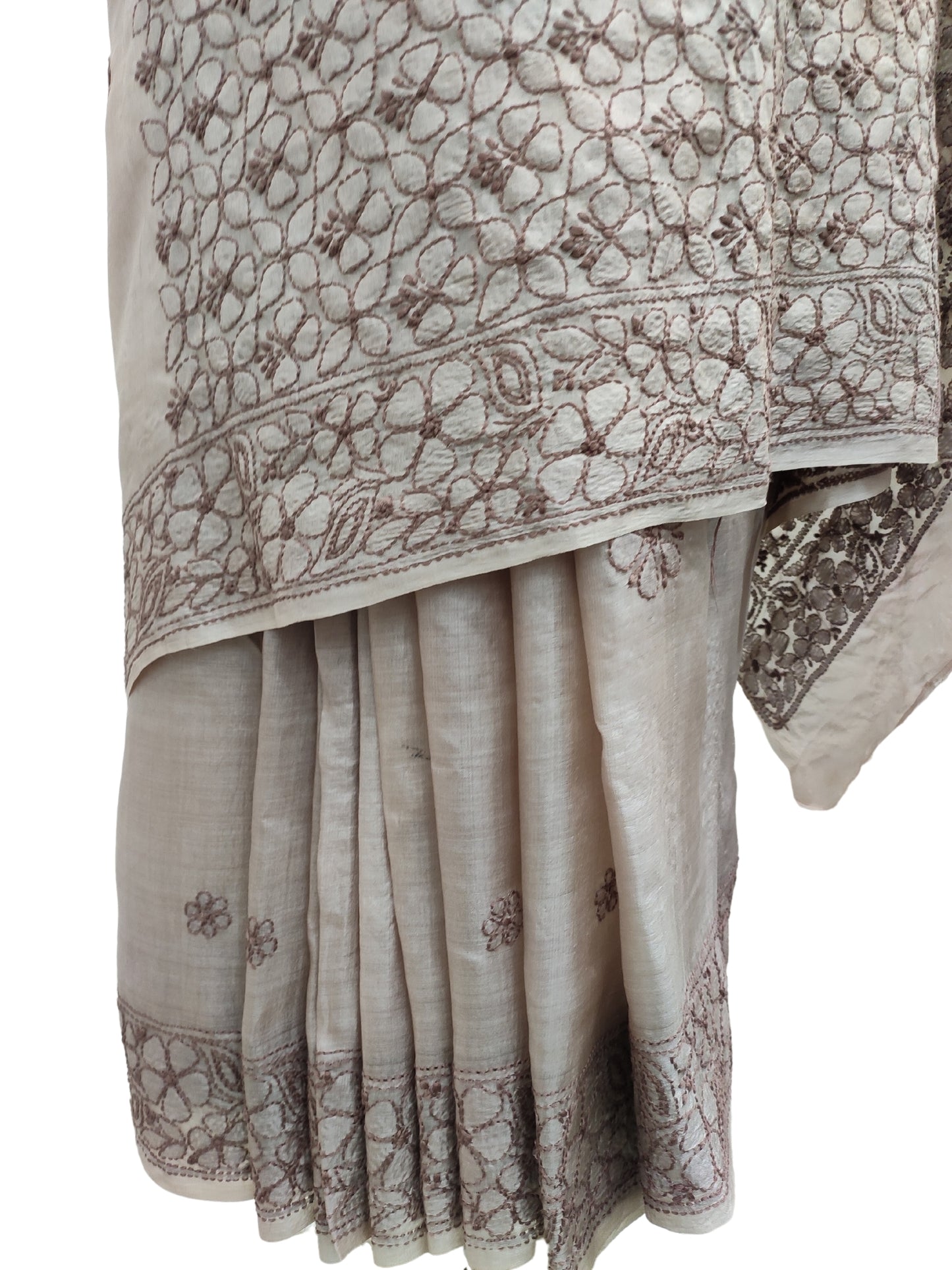 Shyamal Chikan Hand Embroidered Brown Pure Tusser Silk Lucknowi Chikankari Saree With Blouse Piece- S20725