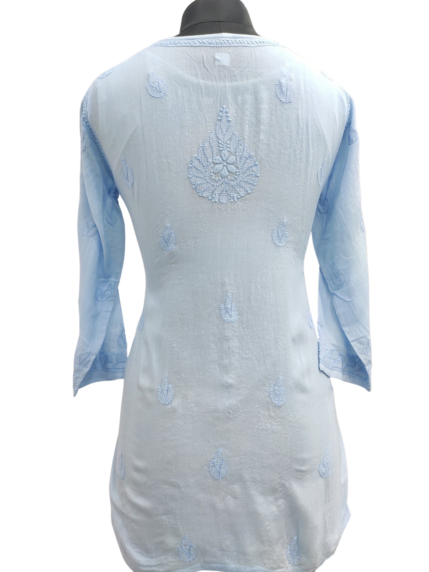 Shyamal Chikan Hand Embroidered Blue Pure Cotton Lucknowi Chikankari Short Top- S22661