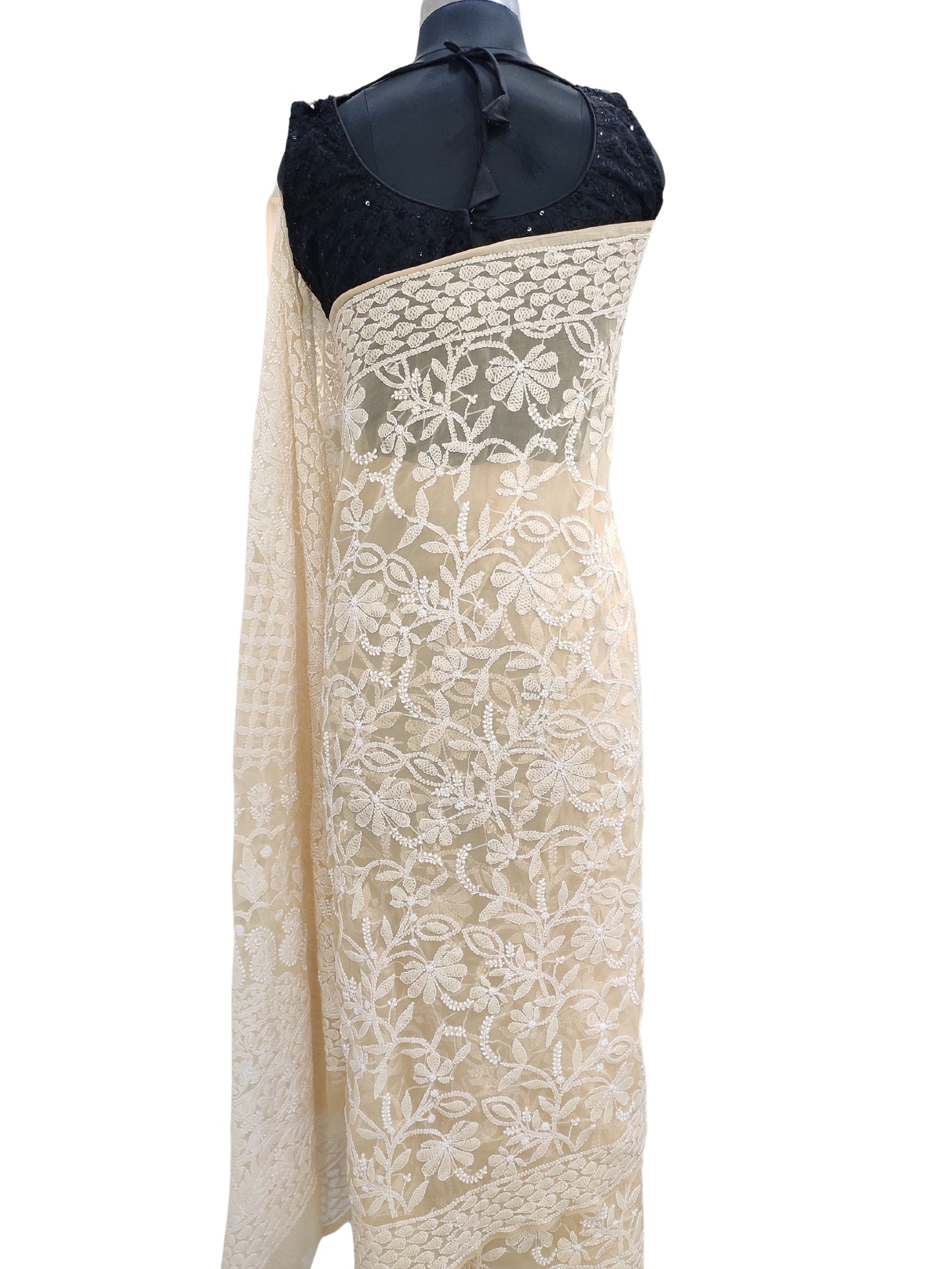 Shyamal Chikan Hand Embroidered Beige Georgette Lucknowi Chikankari Full Jaal Saree With Blouse Piece - S23991