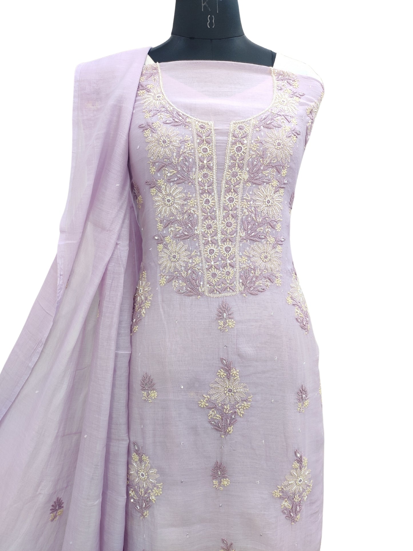 Shyamal Chikan Hand Embroidered Purple Mul Chanderi Lucknowi Chikankari Unstitched Suit Piece with Cutdana & Sequin Work (Kurta Dupatta Set) - S23885