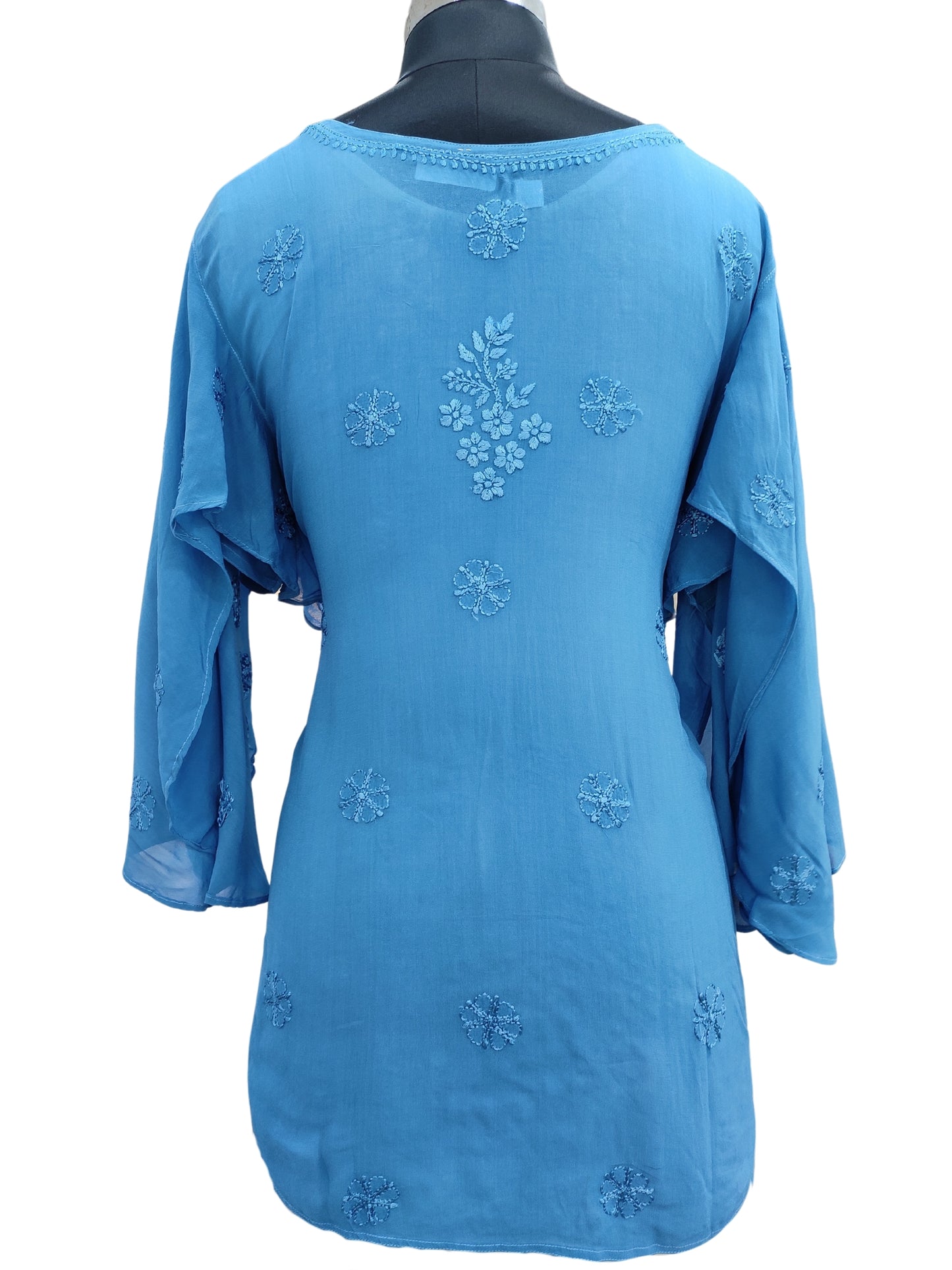 Shyamal Chikan Hand Embroidered Blue Viscose Georgette Lucknowi Chikankari Short Top S23266