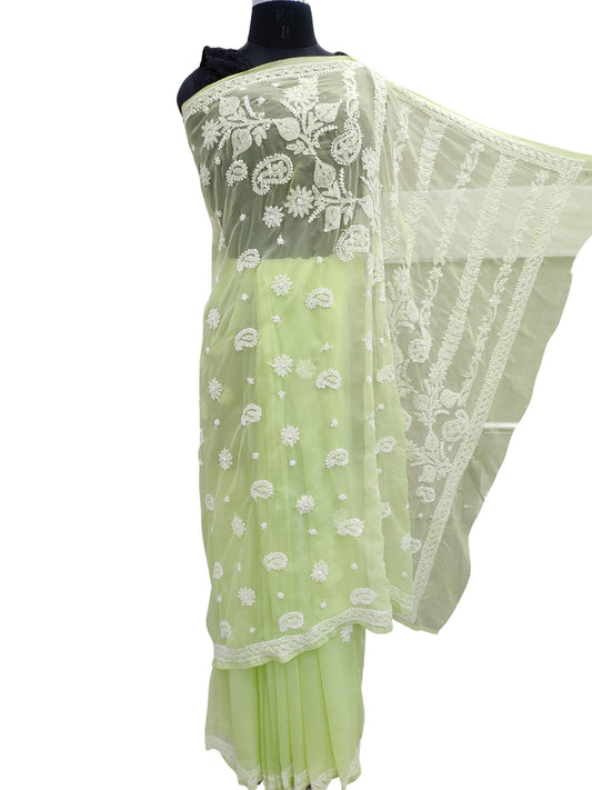 Shyamal Chikan Hand Embroidered Green Georgette Lucknowi Chikankari Saree With Blouse Piece - S21923