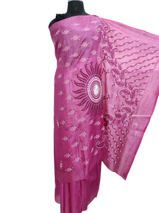 Shyamal Chikan Hand Embroidered Pink Tusser Silk Lucknowi Chikankari Saree With Blouse Piece and Mukaish Work- S22556