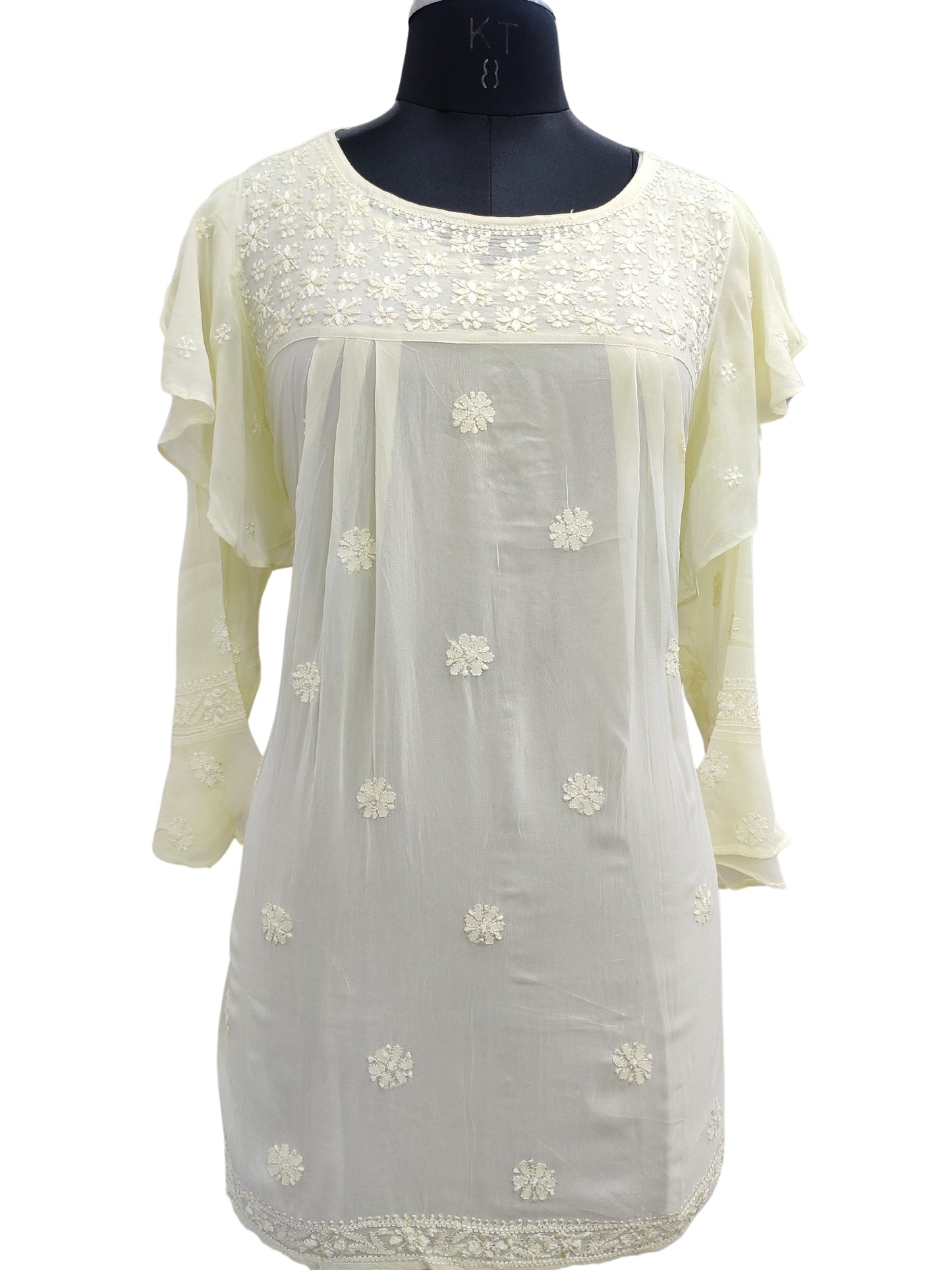 Shyamal Chikan Hand Embroidered Lemon Viscose Georgette Lucknowi Chikankari Short Top S23268