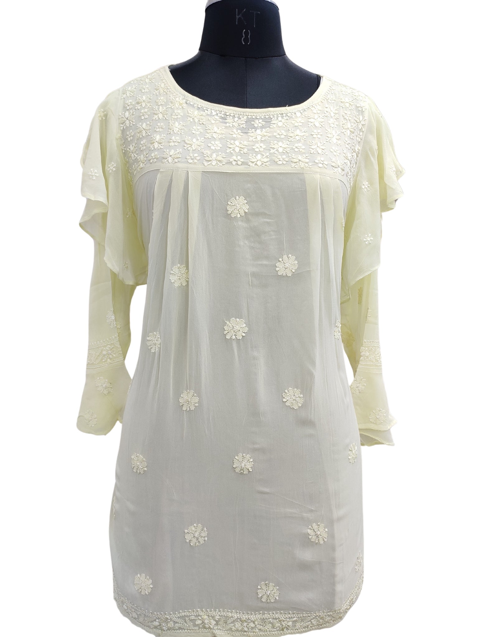 Shyamal Chikan Hand Embroidered Lemon Viscose Georgette Lucknowi Chikankari Short Top S23268