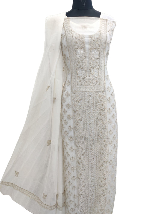 Shyamal Chikan Hand Embroidered White Mul Chanderi Lucknowi Chikankari Unstitched Suit Piece (Kurta Dupatta Set) - 23765